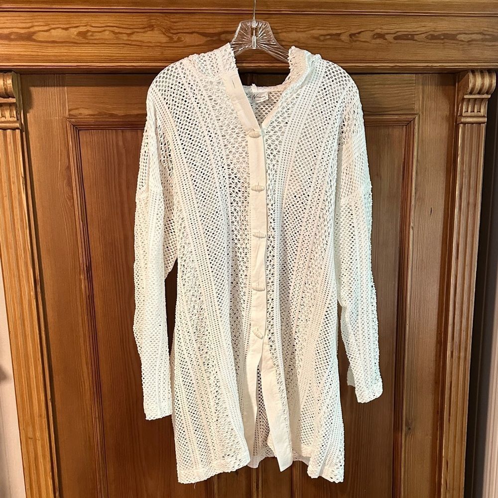 Ruth Norman NY Knit Button-Up bathing suit cover with hood sz Large